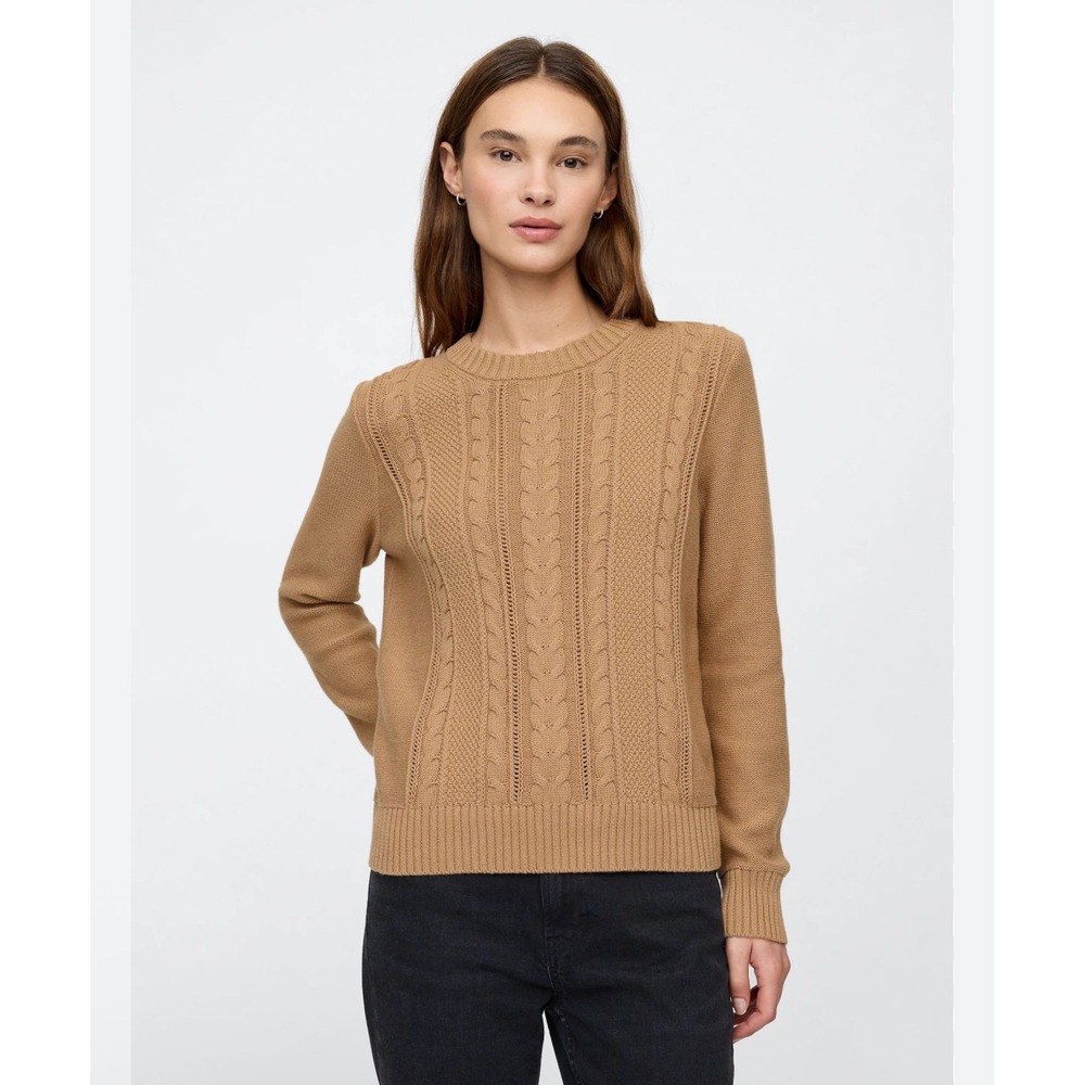 GAP Camel Fisherman Cable Knit Sweater Womens Small Boxy Cotton Crew Ribbed‎ EUC